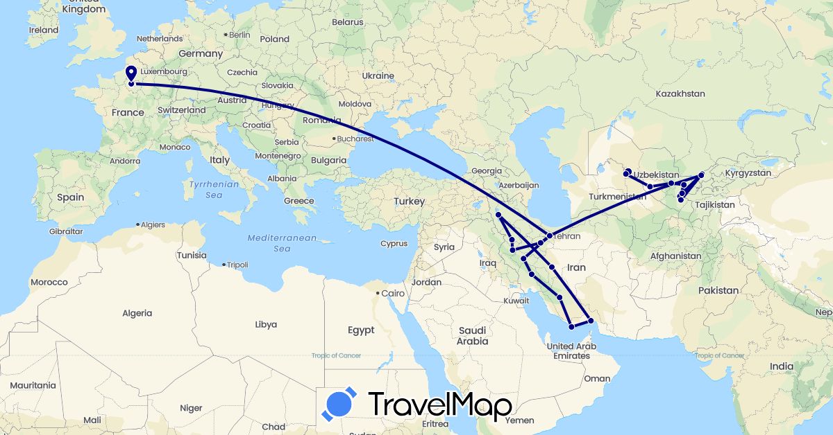 TravelMap itinerary: driving in France, Iran, Uzbekistan (Asia, Europe)